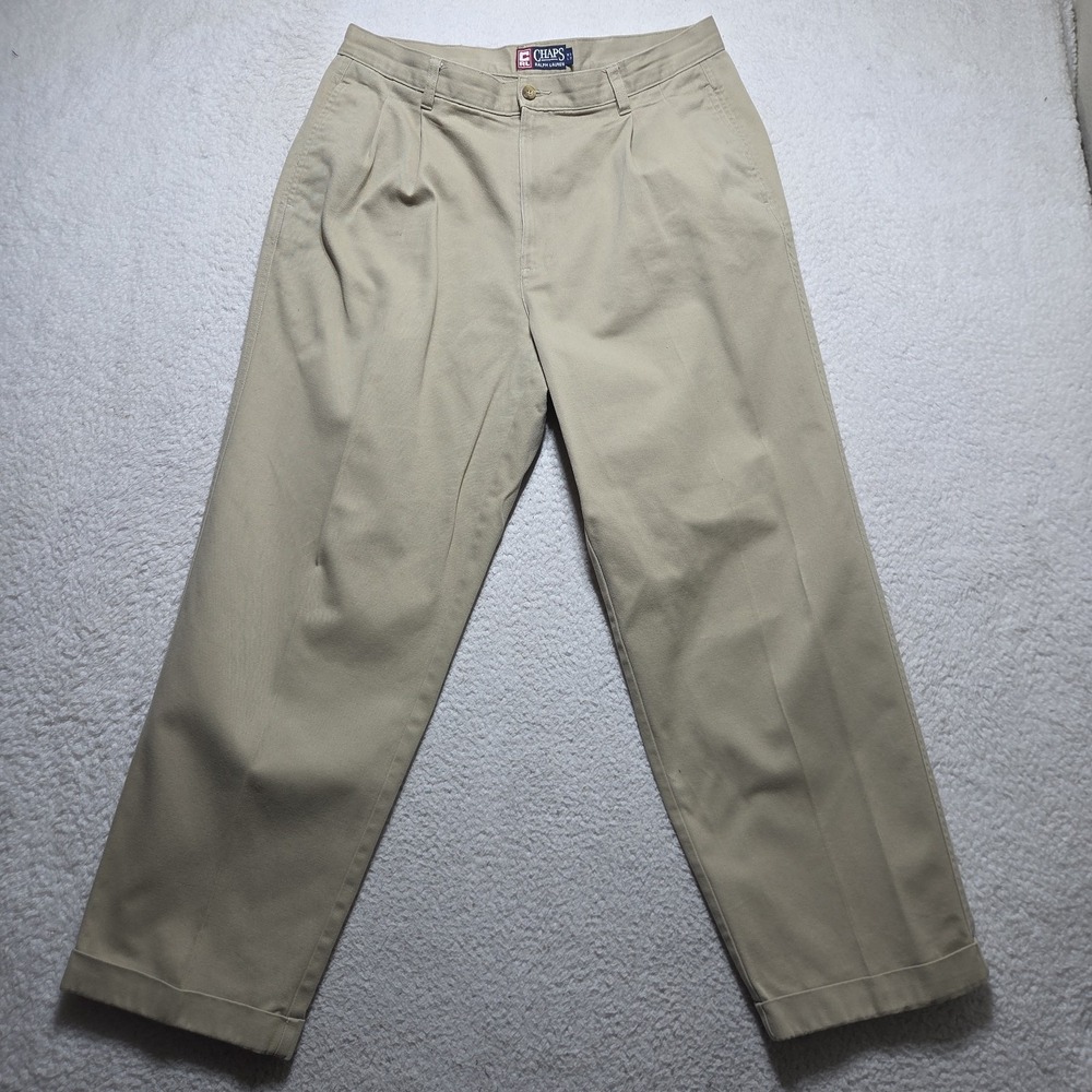 Vintage Chaps Ralph Lauren Pleated Chino Pants Mens 36x29 Beige Cuffed